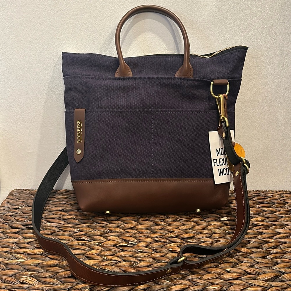 NWT R. Riveter Otto Signature Navy Canvas & Brown Leather Handbag/Crossbody